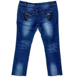 Voice Jeans Womens SZ 7 Dark Blue Skinny Denim Low Rise Rhinestones Distressed